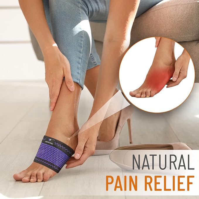 Copper Arch Support for Plantar Fasciitis. 2 Half Socks/Sleeve Compression Brace for Women and Men. Orthotics Feet Pain Aid Fit for Flat/High/Fallen Arches - Purple Arch Support