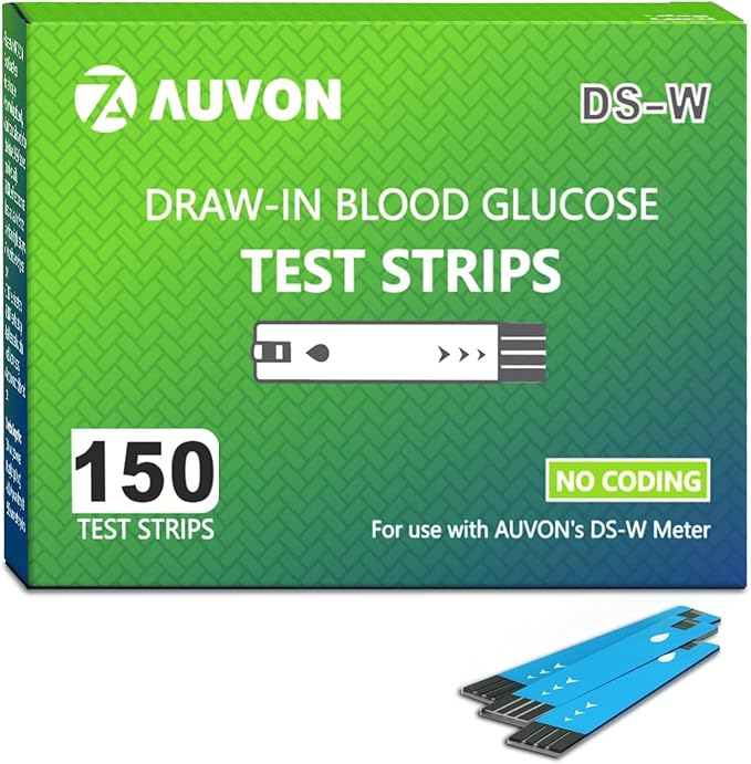 AUVON DS-W Draw-in Blood Glucose Test Strips for use with AUVON DS-W Diabetes Sugar Testing Meter (No Coding Required, 150 Count)