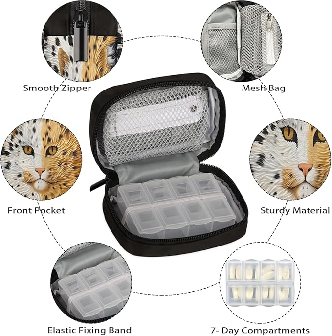 Abstract cat Cute Pill Case Everyday Travel, 7 Day Weekly Medicine Pill Box Compact Portable Pills Bottle Organizer with Zipper for Daily Vitamin Medicine Holder Bottle Organizers Bag