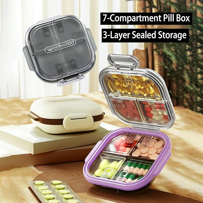 Travel Pill Organizer - Airtight Medicine Case for Traveling Portable Pharmacy Box with Labels Vitamin Container 7 Compartment Supplement Medication Holder Large Capacity Daily(Pink)