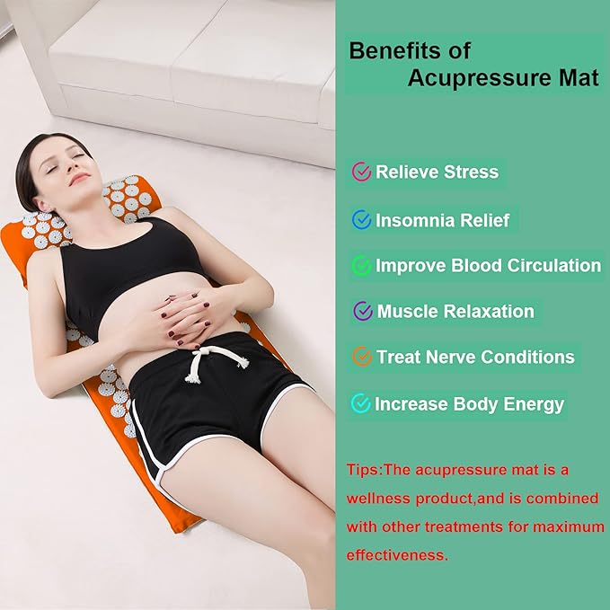 XiaoMaGe Acupressure Mat and Pillow Set with Bag - Large Size 28.7 X 16.5 inch Acupuncture Mat for Neck & Back Pain, Muscle Relaxation Stress Relief, Sciatica Pain Relief Pillow (Orange)