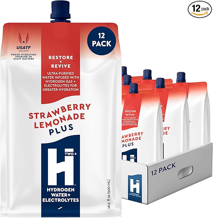HTWO Plus Molecular Hydrogen Water with Electrolytes, Strawberry Lemonade Flavor, Sugar Free Hydration Packets, 16.9oz 12 Pack, Energy Sports Drink, Performance & Recovery Support, Alternative to Hydrogenated Tablet - no Prep/Mess, 15 ppm