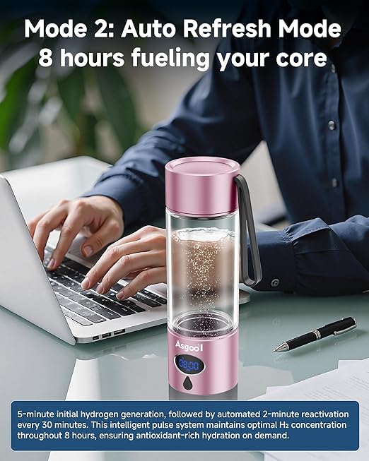Hydrogen Water Bottle - 5000 PPB in 8 Minutes, Cyclic Mode for 8 Hours, Self Clean, Aluminum & Glass, for Travel Sports Office Home, Gift for Father Mom Family Friends Clients(Pink, 12Oz)