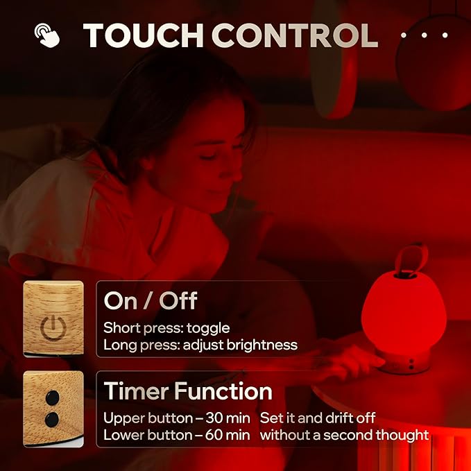 liderstar Red Light Therapy Sleep Lamp – 660nm Glow for Better Sleep | Cordless, Dimmable Night Light with Timer | Rechargeable, Portable Red Lamp for Bedroom (Light Wood)