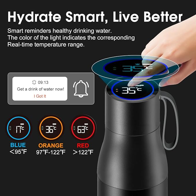 VSITOO 15oz Mini Smart Water Bottle，Self-Cleaning Insulated Bottle, Small Thermoses with AI, App & Touchscreen, Perfect Purse Water Bottle for Travel, Gym & Office, Black
