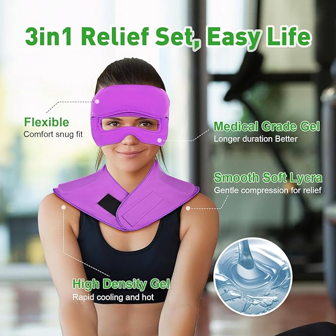 3-in-1 Migraine Relief Cap with Gel Eye Mask & Neck Ice Pack, Hot & Cold Therapy for Headaches, Sinus, Puffy Eyes, Reusable Headache Relief Gifts for Women & Men Black, Large