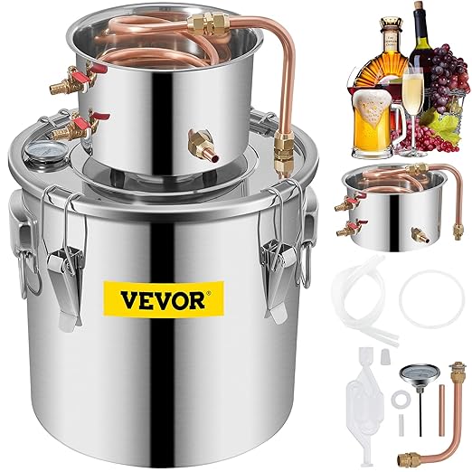 VEVOR Alcohol Still 5Gal/20L Alcohol Distiller Stainless Steel Distillery Kit for Alcohol with Copper Tube Home Brewing Kit Build-in Thermometer for DIY Whisky Wine Brandy
