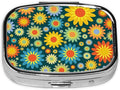 Abstract Hippie Flower Print Square Metal Pill Box with 2 Compartment for Pocket or Purse Travel Bag Small Size 2.2 inche