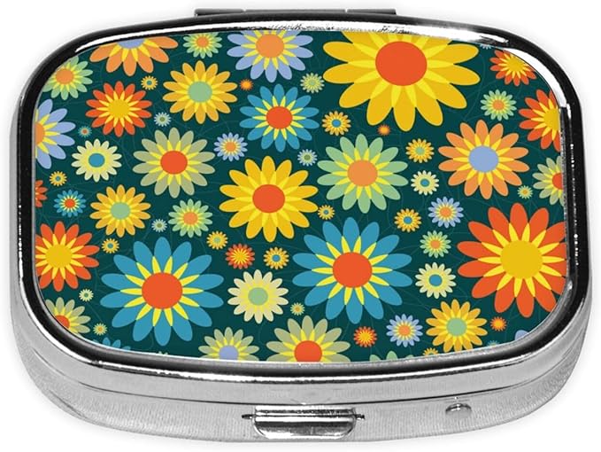 Abstract Hippie Flower Print Square Metal Pill Box with 2 Compartment for Pocket or Purse Travel Bag Small Size 2.2 inche