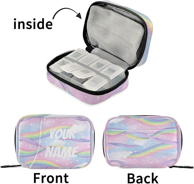 Portable Rainbow Sky Pill Case Travel Pill Organizer Zipper Pill Box to Hold Vitamins Large Capacity Medicine Bag, Travel Pill Box Pouch with Customized Name
