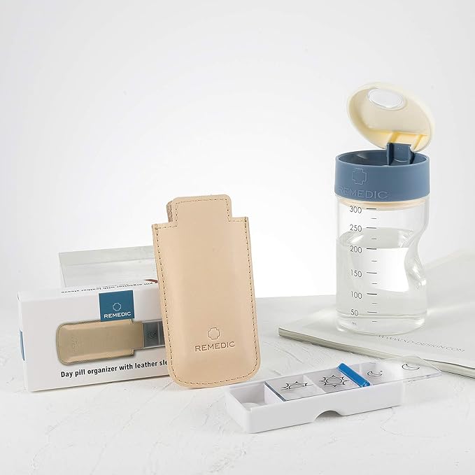 Remedic Daily Pill Dispenser BPA-Free Large Clear Compartments Travel Medicine Organizer Case with Slide Open 4-Times-a-Day Vitamins Supplements Holder Gift Set Include Leather Sleeve…