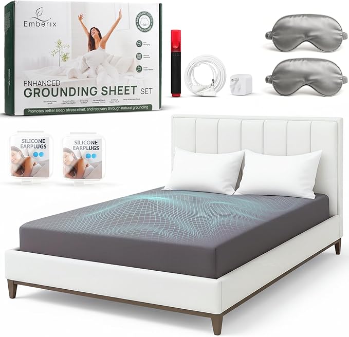 Emberix Grounding Sheets Queen Size, 12% Pure Silver Fiber Earthing Bed Sheet, 88% Cotton Soft & Breathable, Grounded Sheets Deep Pocket 15" with Eye Masks & Ear Plugs for Rest & Wellness (Gray)