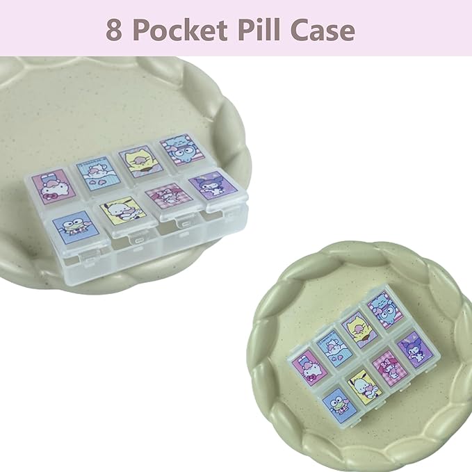 Kawaii Character Travel Pill and Accessories Organizer - Kitty, Cinnamo-roll, Little Twin Stars, and My Melody Pocket-Size (8 Poket Case x 2 Pack)
