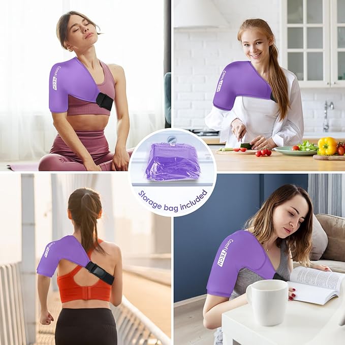 Comfitech Shoulder Ice Pack Wrap Sleeve for Better Putting On & Off, Reusable Gel Cold Pad for Arm, Medium, Purple