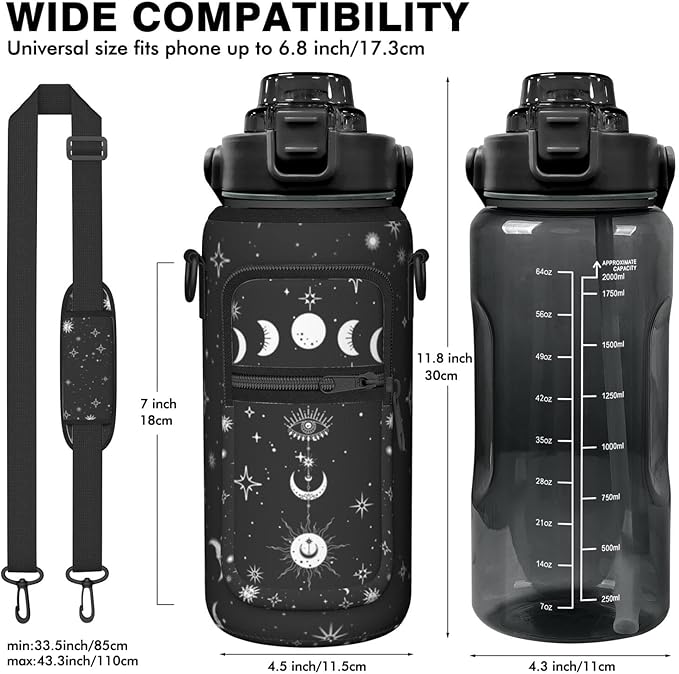 Goth Moon Half Gallon Water Bottle with Sleeve -Flip Top Bpa Free 64 OZ - Motivational Time Marker Leakproof Water Jug - Goth Gifts for Women - Halloween Gothic Moon for Gift