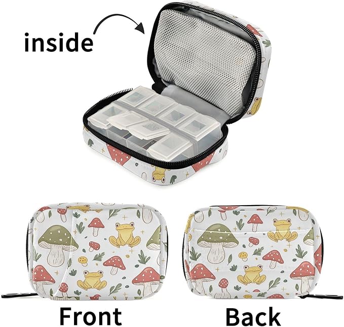 Fustylead Cute Yellow Frog and Mushroom Travel Pill Organizer Bag with Zipper Small Pill Box 7 Day Pill Case for Purse Storage Weekly Vitamin Medicine Supplement