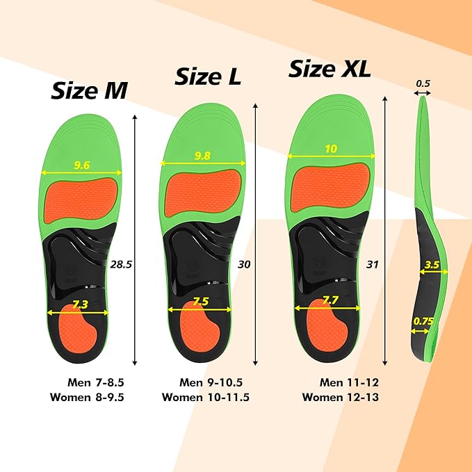 Arch Support Insoles for Plantar Fasciitis Flat Feet Pain Relief, Shock Absorbing Orthotic Inserts for Men and Women M