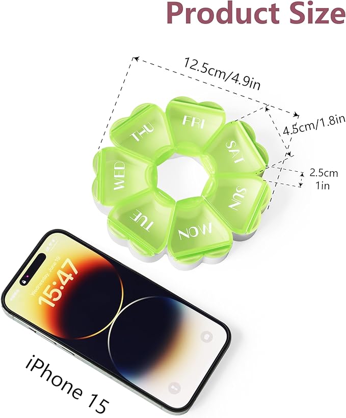 MOLN HYMY Large Weekly Pill Box 7 Day, Cute Pill Case Organizer 1 time a Day, Floral Pill Container Once Daily, Pretty Medicine Dispenser for Vitamin/Fish Oil/Medication/Supplements (Green)