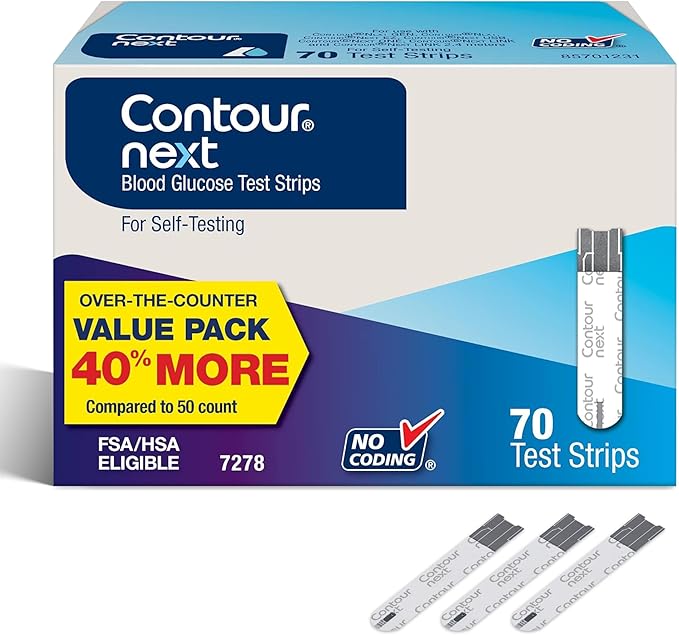 Ascensia Contour Next Blood Glucose Test Strips for Diabetes – 70 Count (1 Pack) - Accurate, No Coding, Second-Chance Sampling, Compatible with All Contour Next Meters for Easy Blood Sugar Testing