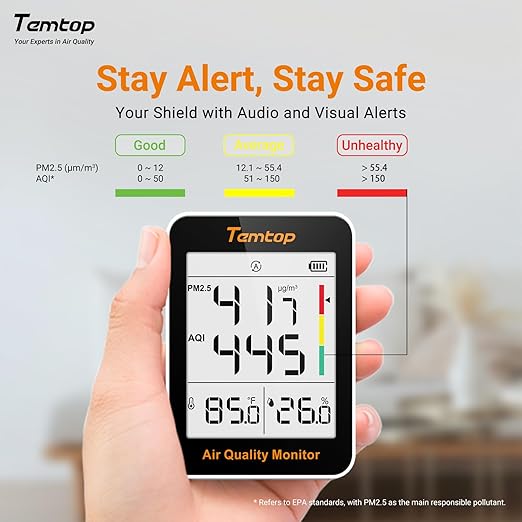 Temtop Air Quality Monitor Indoor Thermo-Hygrometer - PM2.5, AQI, Temperature, and Humidity Meter for Home, Office, or School, Air Quality Measurement, 60-Day Battery Life, S1 UP, 30-Pack