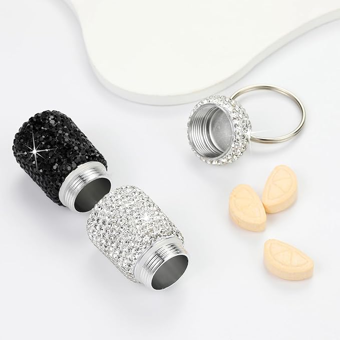 Bling Pill Case Portable Travel Pill Container Bottle Rhinestone Waterproof Small Pill Holder with Keychain Cute Mini Pill Storage Box for Outdoor Camping Case (White-Black)