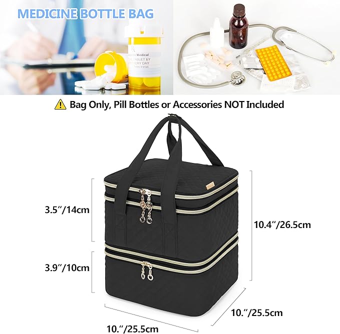 Yarwo Pill Bottle Organizer Storage Bag, 3 Layers Medicine Travel Case Empty with Demountable Design and Dividers for Pills, Potions, Vitamins and Emergency First Aid Supplies, Black (PATENT DESIGN)