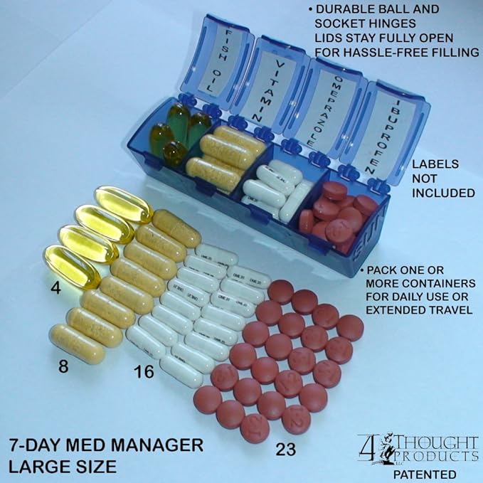 4Thought Large Pill Organizer, 7 Day Med Manager, Durable Pill Organizer, Moisture-Proof Pill Planner
