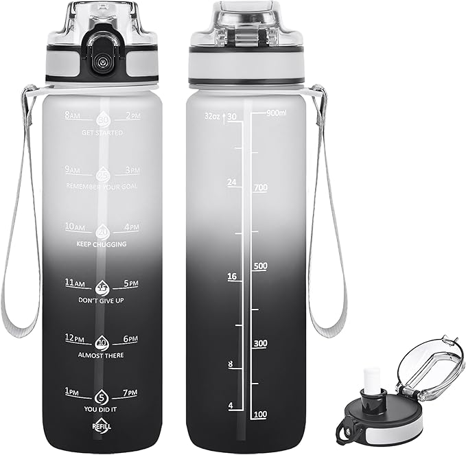 32oz Water Bottle with Time Marker, Motivational Drinking Bottle with Strap, BPA-Free Leak-Proof, Encouraging Water Bottle Time to Drink Water for Gym School Office Travel