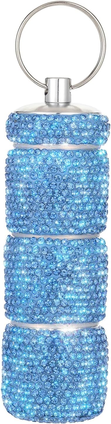 Keychain Pill Holder Box Travel Small Pill Case Bling Portable Purse Medicine Case Container Metal Pill Organizer Fob for Vitamin Medicine（Light Blue