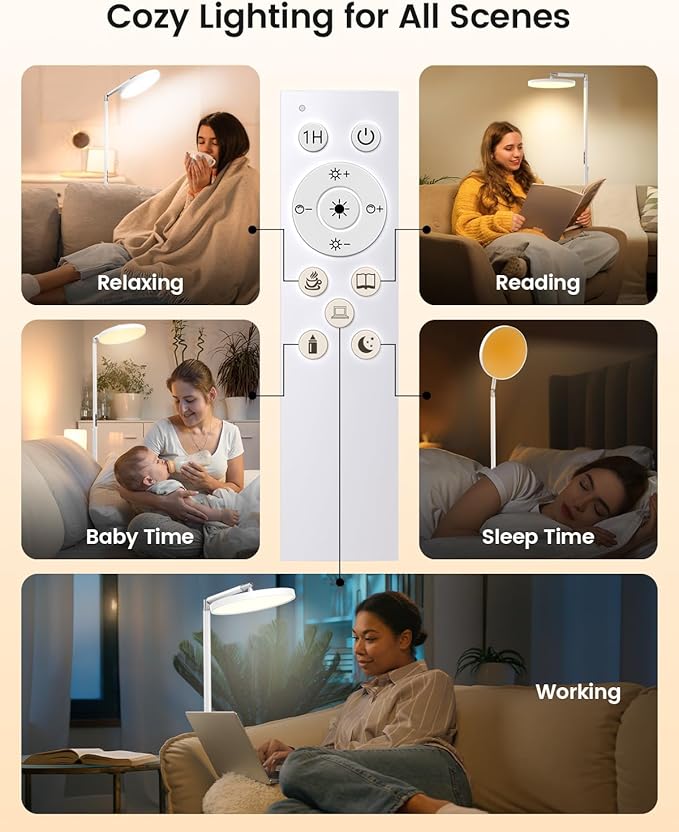 Light Floor Lamp 12000 Lux – UV-Free Full Spectrum LED Floor Lamp with 10 Brightness Levels, 5 Color Modes, 2 Setup Options, Adjustable Height, Remote & Timer for Reading, Bedroom, Office (White)