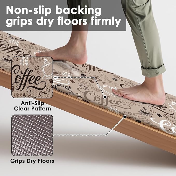 Arttown Coffee Cute Cafe Anti-Fatigue Kitchen Rug Set of 2 Cup Brown Farmhouse Vintage Cushioned Floor Standing Mat Waterproof Non-Slip Kitchen Mat and PVC Ergonomic Comfort Foam Rug