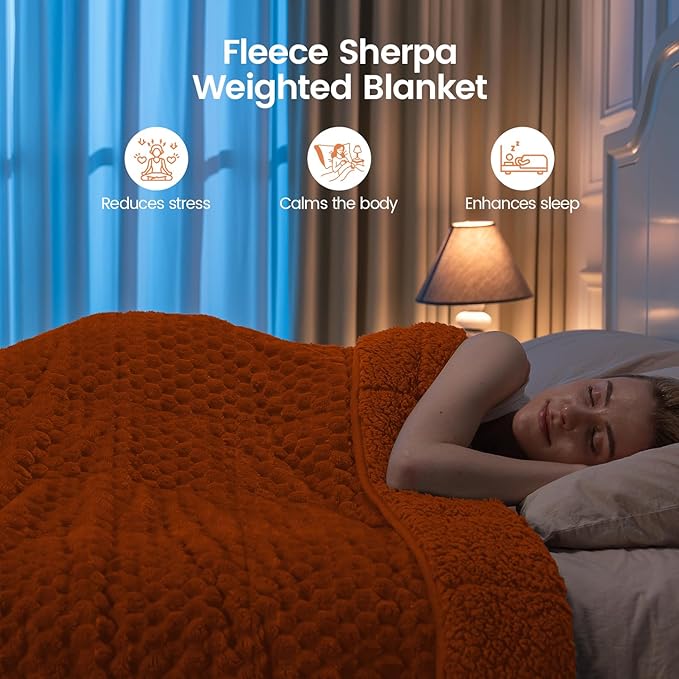 Super Fuzzy Soft Fleece Sherpa Weighted Blanket 15 lbs for Adults, 3D Imitation Turtle Shell Luxury Weighted Throw for Better Sleep, Dual Sided Cozy Heavy Blankets for Couch Bed, Orange, 60" x 80"