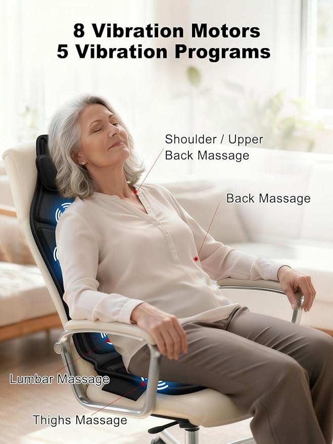 Vibration Back Massager for Chair with Heat, Massage Chair Heating Pad with Lumbar Traction, Seat Massager for Seniors, Office Workers & Family, Fatigue & Pain Relief in Office, Home Use