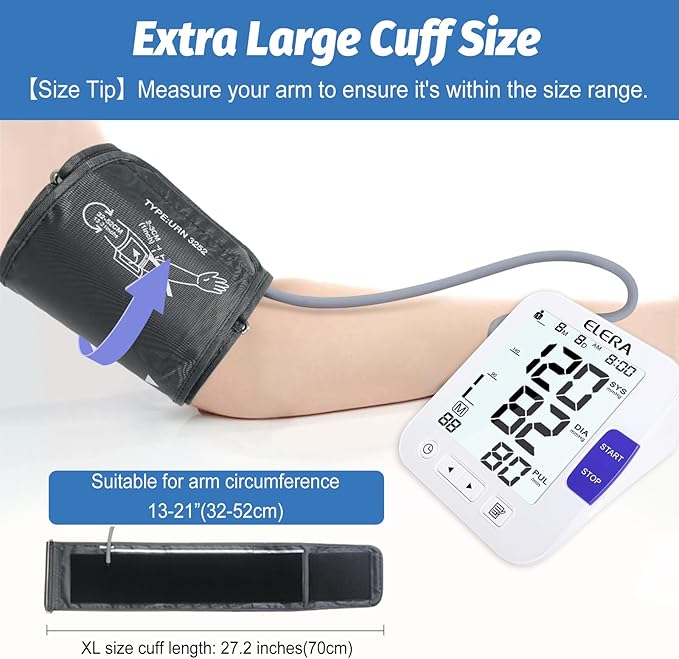 ELERA XL Cuff Blood Pressure Monitor (13-21" for Big Arms) - Large Screen, Automatic Upper Arm for Home Use, Backlight Display, 2 Users