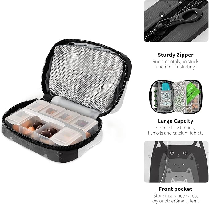 Naanle Funny Cats in Row Pill Box 7 Day Pill Case Travel Pill Organizer Bag with Zipper Portable Weekly Case Compact Size for Vitamin Supplement Holder
