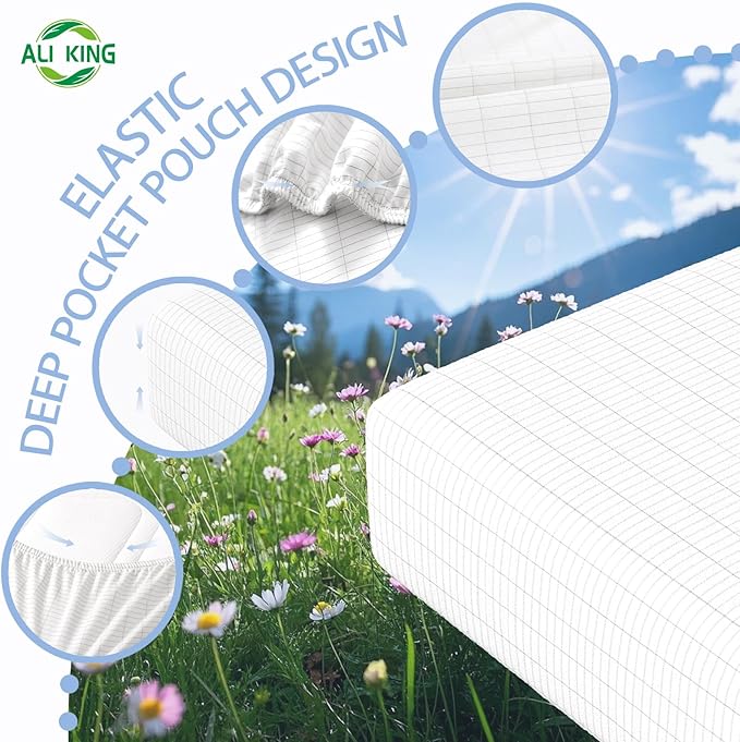 Ali King Grounding Sheets - Twin Size, Soft Cotton with Silver Fiber, 15'' Deep Pocket Earth Grounding Fitted Bed Sheets for Improved Sleep (White, Twin 39''*75''*15'')