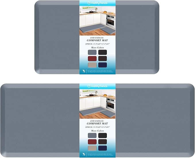 HappyTrends 2 PCS Kitchen Mat Cushioned Anti-Fatigue Floor Mat, Heavy Duty Ergonomic Comfort Foam Standing Mat, Waterproof Non-Slip Kitchen Rugs for Home, Office(20"x30"+20"x47",Grey)