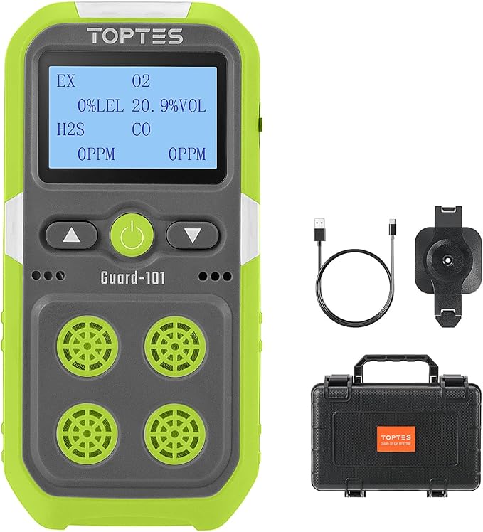 TopTes Guard-101 4 Gas Monitor Multi Detector for H2S, CO, LEL, and O2, with Vibration, Visual, and Audible Alarms, 14h Long Battery Life, Safety Explosion-Proof, for Work, Home - Green