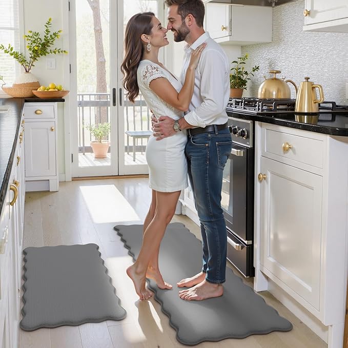 KIMODE Anti Fatigue Kitchen Mats for Kitchen Floor,Scalloped Kitchen Rugs Sets of 2 Non Slip,Cushioned Padded Memory Foam Kitchen Floor Mat Carpet for Office Laundry Sink,Grey