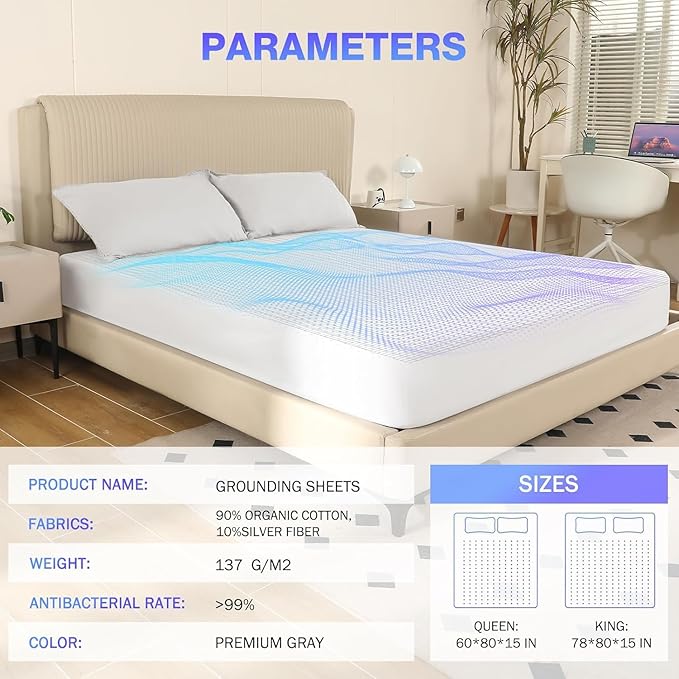 Grounding Sheets Queen Size, Grounded Fitted Bed Sheet 10% Pure Silver Fiber + 90% Organic Cotton Bed Grounding Kit with grounding Cord for Improved Sleep & Wellness (White,80"x60"x15")