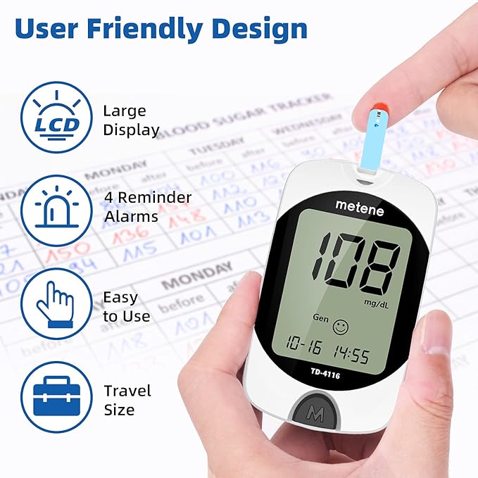 Metene TD-4116 Blood Glucose Monitor Kit & Metene Twist Top Lancets for Lancing Devices