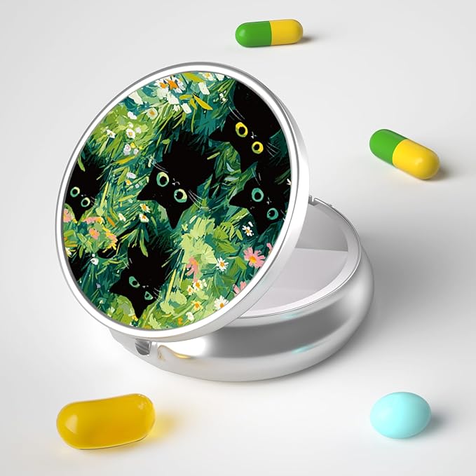 Pill Box, 3 Compartment Portable Travel Medicine Box with Mirror, Compact and Cute, Fits in Purse and Pocket, Medicine and Vitamin Organizer (Grass and Cat)