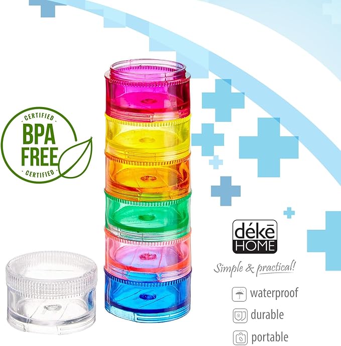 Deke Home - Stackable Pill Organizer (2 Pack), 7 Day Weekly Pill Box Tower with Twist Lock Compartments, BPA-Free, Travel Medicine Holder & Vitamin Dispenser, Compact & Portable Case, Rainbow Colored