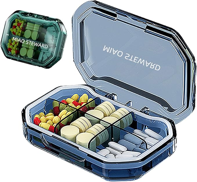 Portable Pill Organizer Waterproof Airtight BPA-Free Compact Easy-to-Carry Travel Daily Use On-The-Go Vitamins Supplements Medication Herb Pill Box Blue Size 3.62×2.44×0.98 in