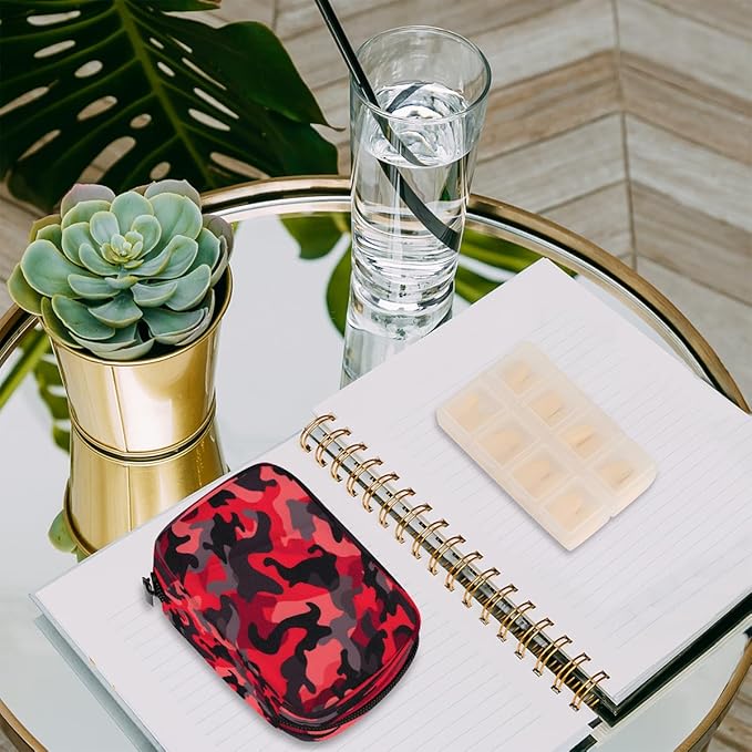 Abstract Red Camouflage Travel Pill Organizer Box Weekly Portable Pill Case Daily Pills 7 Day Small Birth Control Pills Container Removable Compartments for Medicine Vitamins Fish Oil
