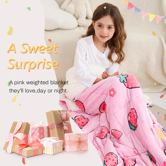 Weighted Blanket 7 pounds Twin Size 41"x 60",Soft Sherpa Fleece Heavy Blanket for Sleeping Perfect for 60-90lbs, Cute Strawberry Pink Weighted Blanket for Bed or Couch