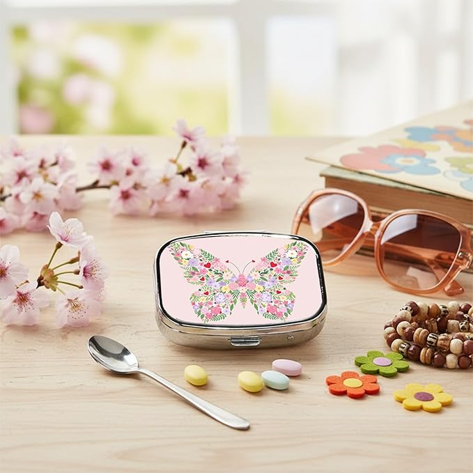 Square Pill Case Small Pill Box with Mirror Pocket 2 Compartment Vitamin Pill Medicine Case Organizer Pill Containers for Traveling Flowers Form Butterfly