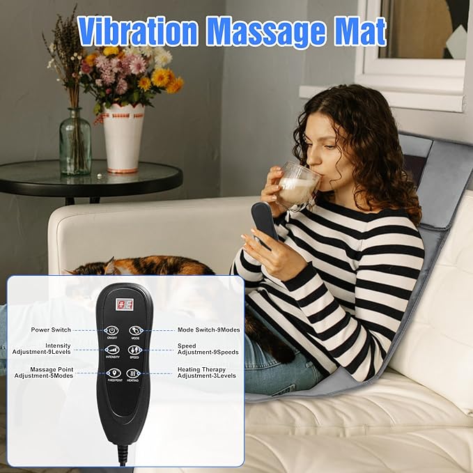 Full Body Massage Mat with Heat,Electric Massage Pad with Shiatsu Neck Back Massage Pillow,Massage Mattress Chair Pad W/ 10 Vibration Motors 3 Heating Levels for Neck,Back&Full Body Pain Relief