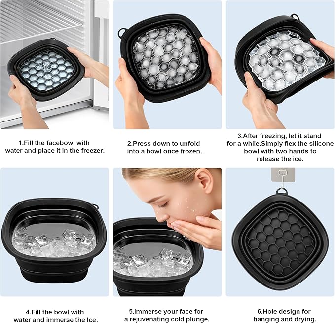 Face Bowl for Ice with Built-in Ice Tray, Collapsible Silicone Facial Face Ice Bath Bowl Reusable Face Tub for Ice Bath Foldable Portable Facial Cold Plunge Skincare for Home Ice Water Black