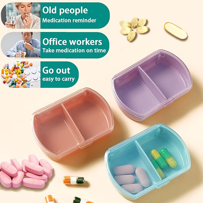 2PCS Small Pill Case Travel Pill Box Cute Pill Organizer for Purse Portable Daily Medicine Organizer 2 Compartment Pill Holder for Vitamins, Fish Oil, Supplements